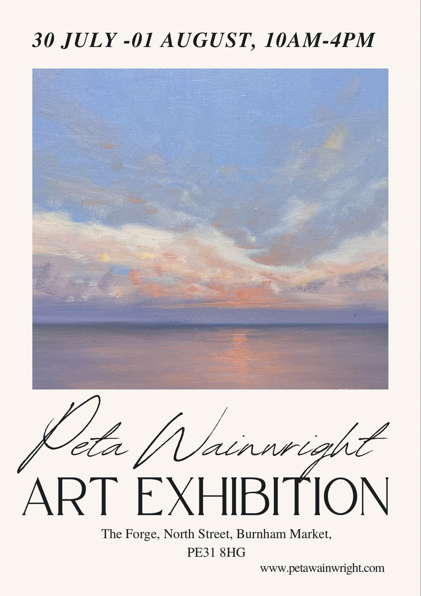 Peta Wainwright Art Exhibition poster — The Forge, North Street, Burnham Market, 30 July to 1 August 2026